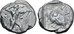 Greek Cyprus, Kition AR Stater. Azbaal, circa 449-425 BC. Herakles in fighting stance to right, wearing lion skin upon his back and tied around neck, holding club overhead in right hand and bow extend