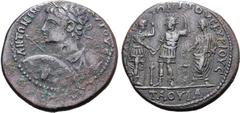 Roman Provincial Caracalla Æ 28mm of Tavium, Galatia. After AD 197/8. ANTΩNINO[C] AVΓOVC, laureate, draped and cuirassed bust to left, holding spear and shield decorated with a gorgoneion / [ЄIC Є]ΩNA