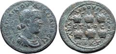 Roman Provincial Valerian I Æ 30mm of Anazarbus, Cilicia. Dated CY 272 = AD 253/4. AVT K Π ΛIK OVAΛЄPIANOC CЄ, laureate, draped and cuirassed bust to right / ANAZAPBOV MHTPOΠ, six prize urns, the midd