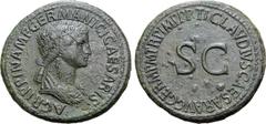 Roman Imperial Agrippina I (sister-in-law of Claudius) Æ Sestertius. Rome, circa AD 42-43. AGRIPPINA M F GERMANICI CAESARIS, draped bust to right, with hair in long plait / TI CLAVDIVS CAESAR AVG GERM