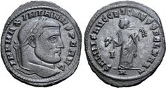 Roman Imperial Maximian BI Mule Nummus. With a reverse of Diocletian. Carthage, AD 303. IMP MAXIMIANVS P F AVG, laureate head to right / SALVIS AVGG ET CAESS FEL KART, Carthage standing facing, head t