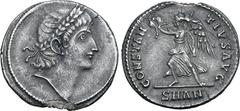Roman Imperial Constantius II AR Siliqua. Nicomedia, AD 337-340. CONSTANTIVS AVG, laureate head to right, eyes raised / CONSTANTIVS AVG, Victory advancing to left, holding wreath and palm; SMAN (sic) 