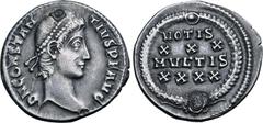 Roman Imperial Constantius II AR Siliqua. Thessalonica(?), AD 350-355. D N CONSTANTIVS P F AVG, pearl-diademed head to right / VOTIS XXX MVLTIS XXXX in four lines within wreath; uncertain mintmark bel