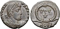 Roman Imperial Jovian Æ 17mm. Alexandria, AD 363-364. D N IOVIANVS P F AVG, pearl-diademed, draped and cuirassed bust to right / VOT • V in two lines within wreath; ALEB(?) in exergue. RIC VIII 92 var