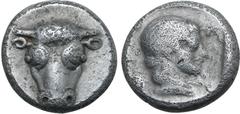 Greek Phokis, Phokian League AR Triobol or Hemidrachm. Circa 460-457 BC. Facing head of bull / Head of Artemis to right, Φ-O-K-I around; all within shallow incuse square. Williams 162 (O117/R99); BCD 