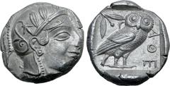 Greek Attica, Athens AR Tetradrachm. Circa 460-454 BC. Late "transitional" issue. Head of Athena to right, wearing crested Attic helmet ornamented with three olive leaves above visor and spiral palmet