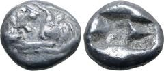 Greek Kingdom of Lydia, Kroisos AR 1/6 Stater. Sardes, circa 561-546 BC. Confronted foreparts of lion to right and bull to left / Two incuse square punches of unequal size. GRPC Lydia S6; Rosen 667; S