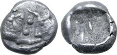 Greek Kingdom of Lydia, Kroisos AR 1/24 Stater. Sardes, circa 561-546 BC. Confronted foreparts of lion to right and bull to left / Incuse punch. GRPC Lydia S10; SNG Tübingen 3652-3. 0.43g, 7mm. Good V