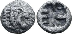 Greek Persia, Achaemenid Empire AR 1/48 Stater. Time of Kyros - Darios I, in the types of Kroisos. Sardes, circa 550-520 BC. Head of roaring lion to right / Irregular incuse punch. GRPC Lydia S13 = Na