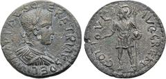 Roman Provincial Herennius Etruscus Æ 23mm of Cremna, Pisidia. AD 251. IMP CAES Q ER ETR MES DECIVM, laureate, draped, and cuirassed bust to right / COL IVL AVG CREM, Ares, helmeted, standing facing, 
