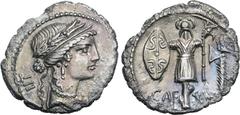Roman Imperatorial Julius Caesar AR Denarius. Military mint travelling with Caesar, 48-47 BC. Diademed female head to right, wearing oak-wreath; LII (Caesar's age) behind / Trophy of Gallic arms, wear