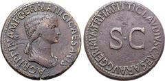 Roman Imperial Agrippina I (sister-in-law of Claudius) Æ Sestertius. Rome, AD 42-43. AGRIPPINA M F GERMANICI CAESARIS, draped bust to right, with hair in long plait / TI CLAVDIVS CAESAR AVG GERM P M T