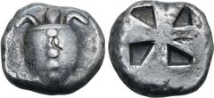 Greek Islands off Attica, Aegina AR Stater. Circa 525-475 BC. Sea turtle, head in profile, with thin collar and row of dots down its back / Incuse square with mill-sail pattern. Meadows, Aegina, Group