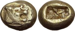 Greek Kingdom of Lydia, Alyattes EL Trite - 1/3 Stater. Sardes, circa 600-561 BC. Head of roaring lion to right, sunburst with five rays on forehead / Two incuse square punches. GRPC Lydia G25; Weidau