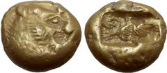 Greek Kingdom of Lydia, Alyattes EL Trite - 1/3 Stater. Sardes, circa 600-561 BC. Head of roaring lion to right, sunburst with five rays on forehead / Two incuse square punches. GRPC Lydia G25; Weidau