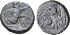 Greek Persia, Achaemenid Empire Æ 13mm. Time of Artaxerxes III to Darios III. Uncertain mint (Ephesos?), circa 350-333 BC. Persian king or hero in kneeling-running stance to right, holding spear and d