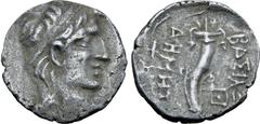 Greek Seleukid Empire, Demetrios I Soter Imitative AR Drachm. Struck in Commagene, uncertain date, circa 162-150 BC. Diademed head to right / Cornucopiae; ΒΑΣΙΛ[ΕΩΣ] ΔΗΜΗΤ[ΡΙΟΥ ΣΩ]Τ[ΗΡΟΣ], monogram to