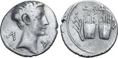 Roman Provincial Augustus AR Drachm of Masicytus, Lycia. 27-20 BC. Bare head to right; Λ-Υ across fields / Two citharas; aplustre in left field, M above A in right field. RPC I 3309; SNG von Aulock 43
