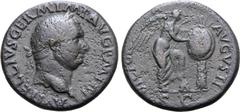 Roman Imperial Vitellius Æ Sestertius. Rome, AD 69. A VITELLIVS GERM IMP AVG P M TR P, laureate head to right / VICTORIA AVGVSTI, Victory standing to right, foot set on helmet, inscribing [OB CIVES SE