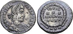 Roman Imperial Constantius II AR Siliqua. Lugdunum, AD 360-363. D N CONSTANTIVS P F AVG, pearl-diademed, draped and cuirassed bust to right / VOTIS XXX MVLTIS XXXX in four lines within wreath with jew