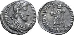 Roman Imperial Eugenius AR Siliqua. Treveri, AD 392-395. D N EVGENIVS P F AVG, pearl-diademed, draped and cuirassed bust to right / VIRTVS ROMANORVM, Roma seated to left on cuirass, holding Victory on