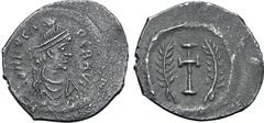 Byzantine Phocas AR Light Siliqua. Constantinople, AD 602-607. ∂ N FOCAS PЄR AVI, pearl-diademed, draped and cuirassed bust to right / Cross potent flanked by palms. MIBE 54; DOC -; Sear 638A. 1.68g, 