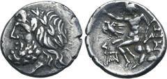 GREEK Arkadia, Megalopolis AR Triobol or Hemidrachm. Circa 80-50 BC. Laureate head of Zeus to left / Pan seated to left on rock, right hand raised and holding lagobolon with left, with eagle to left a