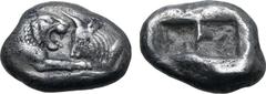 GREEK Kingdom of Lydia, Kroisos AR Stater - Double Siglos. Sardes, circa 561-546 BC. Confronted foreparts of lion to right and bull to left / Two incuse squares of unequal size. GRPC Lydia S1; Berk 20