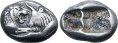 GREEK Kingdom of Lydia, Kroisos AR 1/6 Stater. Sardes, circa 561-546 BC. Confronted foreparts of lion to right and bull to left / Two incuse square punches of unequal size. GRPC Lydia S6; Rosen 667; S