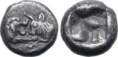 GREEK Kingdom of Lydia, Kroisos AR 1/12 Stater. Sardes, circa 561-546 BC. Confronted foreparts of lion to right and bull to left / Incuse square. GRPC Lydia S8; SNG Kayhan 1020-21; SNG von Aulock 2880
