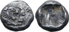 GREEK Kingdom of Lydia, Kroisos AR 1/24 Stater. Sardes, circa 561-546 BC. Confronted foreparts of lion to right and bull to left / Incuse punch. GRPC Lydia S10; SNG Tübingen 3652-3. 0.42g, 6mm. Good V