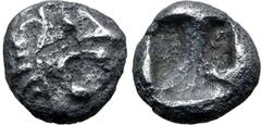 GREEK Persia, Achaemenid Empire AR 1/48 Stater. Time of Kyros - Darios I, in the types of Kroisos. Sardes, circa 550-520 BC. Head of roaring lion to right / Irregular incuse punch. GRPC Lydia S13 = Na
