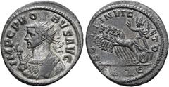ROMAN IMPERIAL Probus BI Antoninianus. Rome, AD 280. IMP C PROBVS AVG, radiate and mantled bust to left, holding eagle-tipped sceptre / SOLI INVICTO, Sol in quadriga galloping to left, holding whip; R