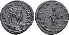 ROMAN IMPERIAL Carinus BI Antoninianus. Lugdunum, AD 283-285. IMP C M AVR CARINVS AVG, radiate and cuirassed bust to right / AEQVITAS AVGG, Aequitas standing to left, holding scales and cornucopiae; A