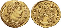 ROMAN IMPERIAL Valens AV Solidus. Antioch, AD 372. Decennalia issue. D N VALENS PER F AVG, rosette-diademed, draped and cuirassed bust to right / GLORIA ROMANORVM, Roma enthroned facing, holding spear