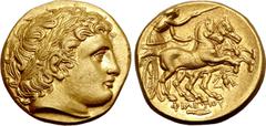 Greek No Reserve Kingdom of Macedon, Philip II AV Stater. Magnesia, circa 323-315 BC. Laureate head of Apollo to right / Charioteer driving biga to right, bee at right, ΦΙΛΙΠΠΟΥ and spear head below. 