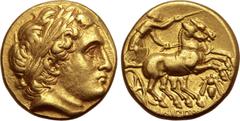 Greek No Reserve Kingdom of Macedon, Philip II AV Stater. Magnesia, circa 323-315 BC. Laureate head of Apollo to right / Charioteer driving biga to right, bee at right, ΦΙΛΙΠΠΟΥ and [spear head below]