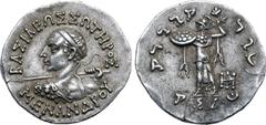 Greek No Reserve Indo-Greek Kingdom, Menander I Soter AR Tetradrachm. Circa 165/55-130 BC. BAΣIΛEΩΣ ΣΩTHPOΣ MENANΔPOY, diademed heroic bust to left, seen from behind, wearing aegis over shoulder, bran