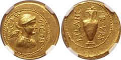 Roman Imperatorial No Reserve Julius Caesar AV Aureus. Rome, 45 BC. L. Munatius Plancus, urban prefect. C•CAES DIC•TER, draped bust of Victory to right / L•PLANC PR•VRB, ewer with handle. Crawford 475