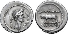 Roman Imperatorial No Reserve Divus Julius Caesar AR Denarius. Rome, 40 BC. Q. Voconius Vitulus, moneyer. Laureate head to right; DIVI•IVLI downwards before, lituus behind / Bull-calf walking to left;