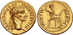 Roman Imperial No Reserve Tiberius AV Aureus. Lugdunum, AD 14-37. TI CAESAR DIVI AVG F AVGVSTVS, laureate head to right / PONTIF MAXIM, Livia, as Pax, seated to right on throne with ornamented legs, h