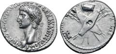 Roman Imperial No Reserve Nero Claudius Drusus (father of Claudius) AR Denarius. Rome, AD 41-45. NERO CLAVDIVS DRVSVS GERMANICVS IMP, laureate head to left / DE GERMANIS, two oblong shields crossed, o