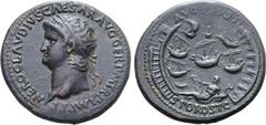 Roman Imperial No Reserve Nero Æ Sestertius. Rome, AD 62-68. NERO CLAVDIVS CAESAR AVG GER P M TR P IMP P P, laureate head to left / Port of Ostia: seven ships within harbour; at top is pharus surmount