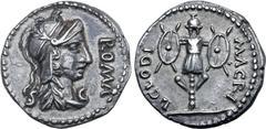 Roman Imperial No Reserve Clodius Macer AR Denarius. Carthage(?), April - October(?) AD 68. Helmeted head of Roma to right; ROMA before, S-C across fields / L CLODI MACRI, trophy. RIC I 31 var. (SC be