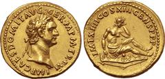 Roman Imperial No Reserve Domitian AV Aureus. Rome, AD 87. IMP CAES DOMIT AVG GERM P M TR P VI, laureate head to right / IMP XIIII COS XIII CENS P P P, female German captive seated on shield to right 