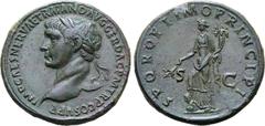 Roman Imperial No Reserve Trajan Æ Sestertius. Rome, AD 104-107. IMP CAES NERVAE TRAIANO AVG GER DAC P M TR P COS V P P, laureate head to left / S P Q R OPTIMO PRINCIPI, Pax, draped, standing to left,