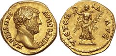 Roman Imperial No Reserve Hadrian AV Aureus. Rome, AD 136. HADRIANVS AVG COS III P P, bare-headed bust to right, slight drapery on far shoulder / VICTORIA AVG, Victory advancing to right, head to left