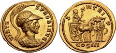 Roman Imperial No Reserve Probus AV Aureus. Siscia, AD 279. VIRTVS PROBI AVG, helmeted and cuirassed bust to right, helmet decorated with Victory driving biga / P M TRI P, emperor standing in car of s