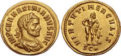 Roman Imperial No Reserve Maximian AV Aureus. Cyzicus, AD 286-287. IMP C M A MAXIMIANVS AVG, laureate, draped and cuirassed bust to right / VIRTVTI HERCVLIS, Hercules standing facing, head to right, l