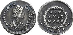 Roman Imperial No Reserve Theodosius II AR Siliqua. Constantinople, AD 438-450. D N THEODOSIVS P F AVG, pearl-diademed, draped and cuirassed bust to right / VOT MVLT XXXX in three lines within wreath;